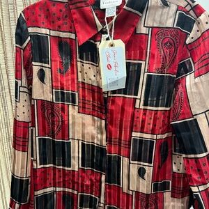 Vintage Red and Black Geometric Women’s Blouse Large